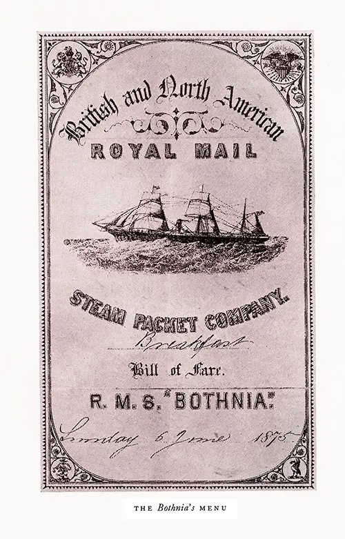 Front Cover of Cunard Line's SS Bothnia Breakfast Menu for Sunday, 6 June 1875.