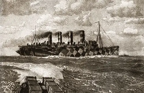 Illustration Showing the HMT Mauretania in Camouflage during World War I.