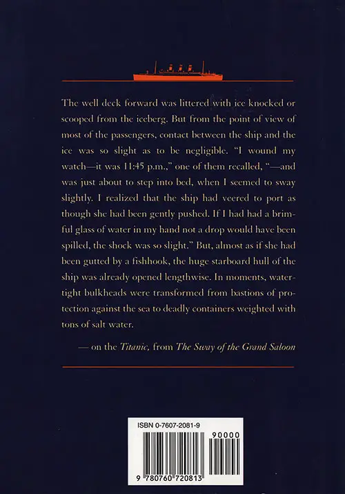 Back Cover, Sway of the Grand Saloon: A Social History of the North Atlantic by John Malcolm Brinnin, 1971. Barnes & Nobel Hardcover Copy.