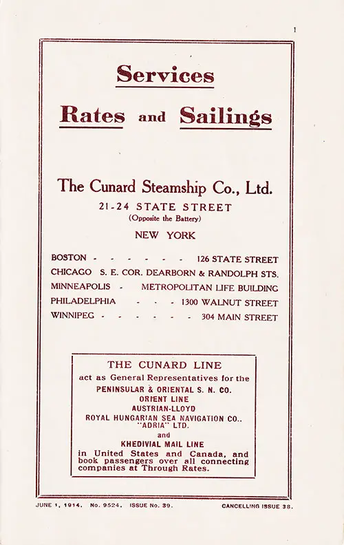 Title Page, Cunard Services, 1914 Brochure.