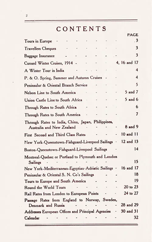 Table of Contents, Cunard Line Services 1914 Brochure.