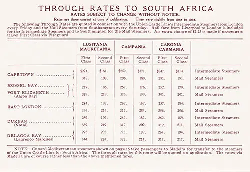 Through Rates to South Africa, First and Second Class. Ships Included the Lusitania, Mauretania, Campania, Caronia, and Carmania.