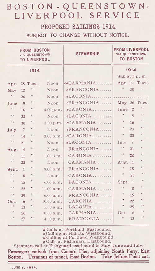 Sailing Schedule, Boston-Queenstown (Cobh)-Liverpool Service, from 28 April 1914 to 27 October 1914.