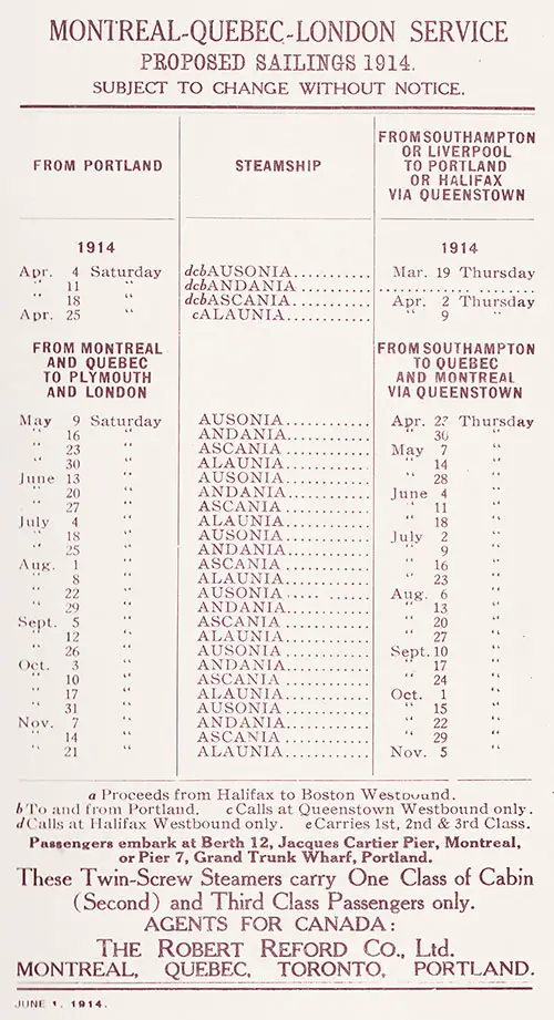 Sailing Schedule, Montreal-Quebec-London Service, from 4 April 1914 to 21 November 1914.