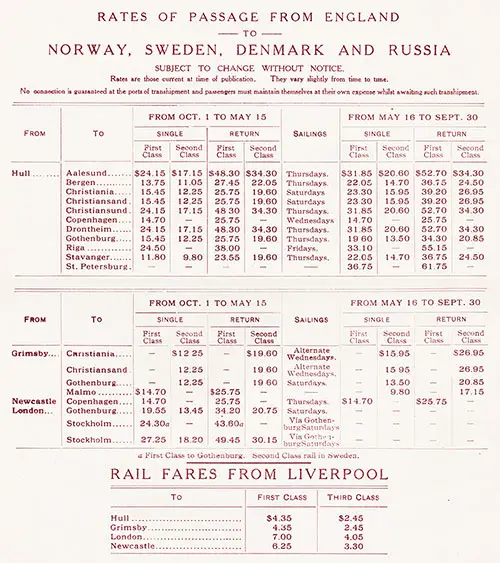 Rate of Passage from England to Norway, Sweden, Denmark, and Russia Pluse Rail Fares from Liverpool. Cunard Line Services 1914 Brochure.