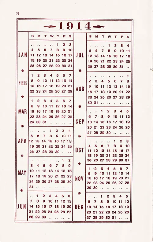 Calendar for 1914. Cunard Line Services 1914 Brochure.