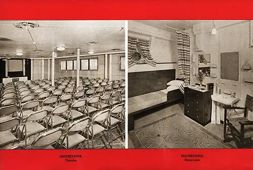 Tourist Class Theatre and Stateroom on the RMS Mauretania II (1938).