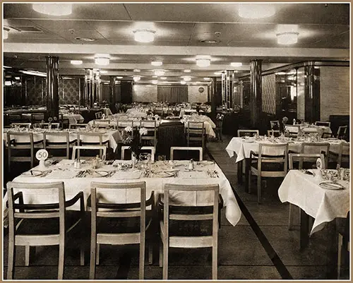 View of One of the Restaurants on the RMS Queen Elizabeth. Cunard White Star Tourist Class Brochure, January 1949.