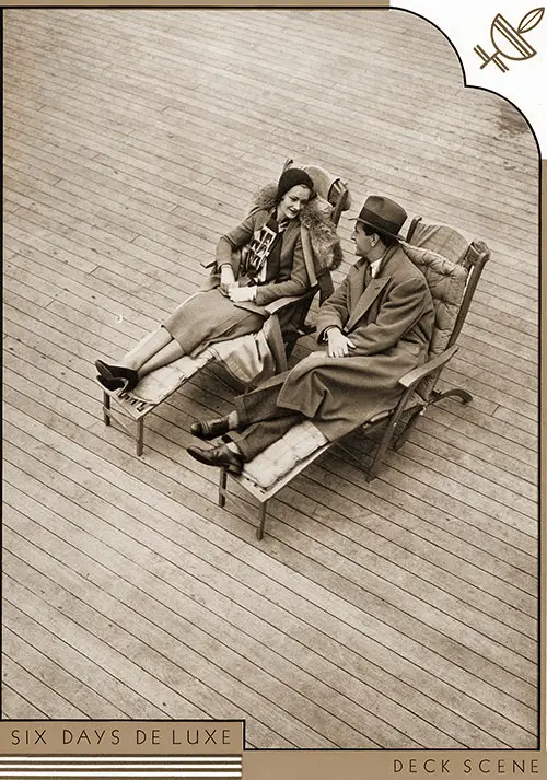 First Class Deck Scene Showing Young Couple Relaxing on Deck Chairs.