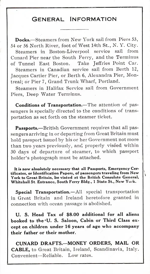 Second Page, Minimum Rates of Passage and General Information, America-Europe Brochure No. 2, 20 April 1917.