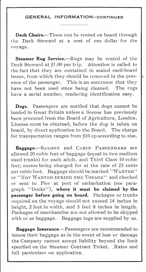 Third Page, Minimum Rates of Passage and General Information, America-Europe Brochure No. 2, 20 April 1917.