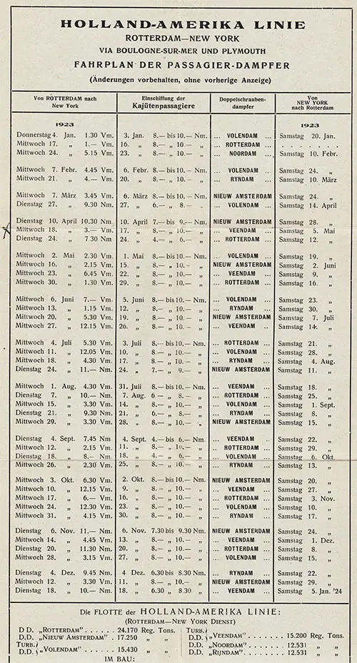 Sailing Schedule, Rotterdam-New York via Boulogne-sur-Mer and Plymouth, from 4 January 1923 to 5 January 1924.
