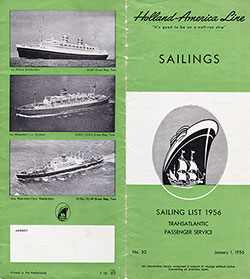 Cover, Holland-America Line Sailings, Sailing List 1956, Transatlantic Passenger Service.