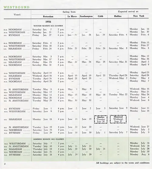 Westbound Sailing Schedule, Rotterdam-New York, from 16 January 1956 to 6 August 1956.