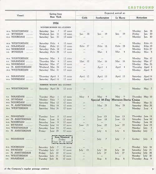 Eastbound Sailing Schedule, New York-Rotterdam, from 7 January 1956 to 9 August 1956.