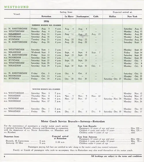 Westbound Sailing Schedule, Rotterdam-New York, from 3 August 1956 to 17 December 1956.
