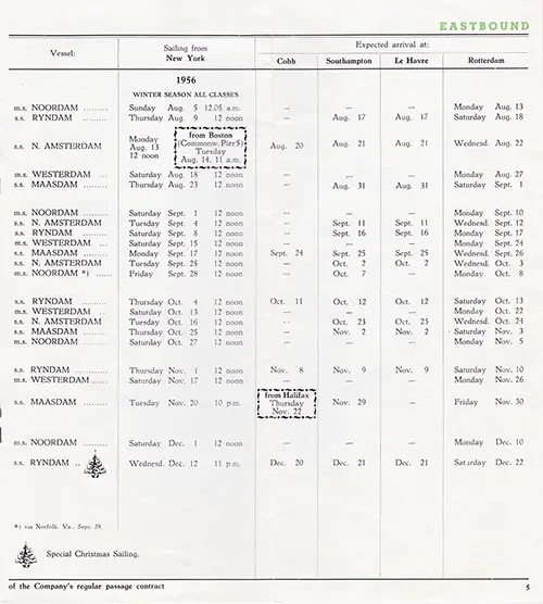 Eastbound Sailing Schedule, New York-Rotterdam, from 5 August 1956 to 22 December 1956.