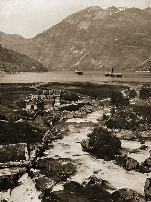 The SS Blücher in Geirangerfjord Shown With Unidentified Coastal Steamer (the One-Funnel Steamship on the Right).