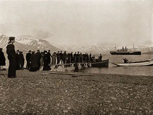 The SS Blücher in the Advent Bay, Spitsbergen. Passengers Awaiting to Board Tender at the Dock.