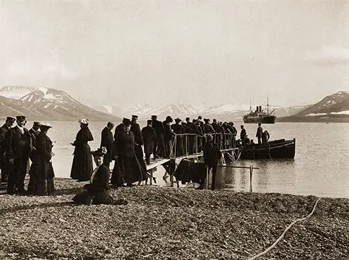 The SS Blücher in the Advent Bay, Spitsbergen. Passengers Awaiting to Board Tender at the Dock.