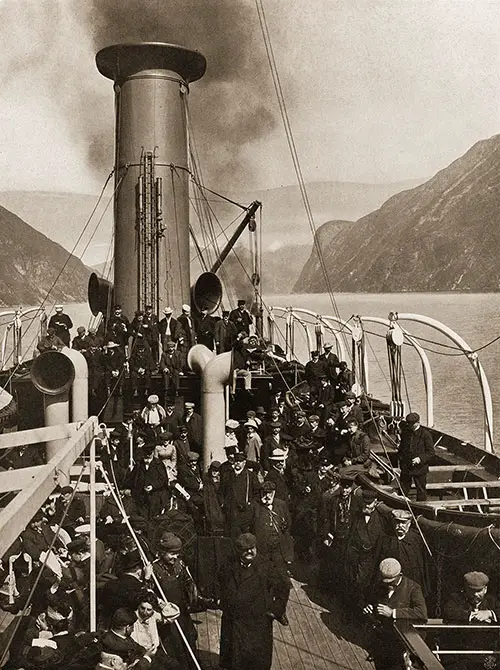 The SS Meteor in Geiranger Fjord View of Immigrants and Tourist Passengers on Deck. Incredibly Detailed Photograph of Its Day.