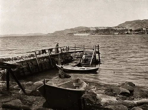 The SS Meteor at Bergen Showing Three Norwegian Women at the Dock Relaxing.