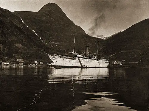 The SS Meteor Anchored in the Fjord at the Village of Merok.