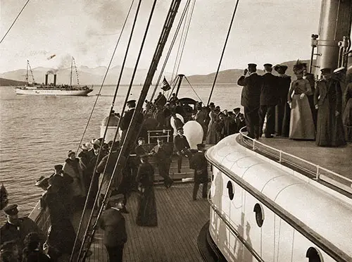 Passengers on the Promenade Deck Taking In The Fresh Open Air on the Prinzessin Victoria Luise of the Hamburg-American Line, 1908.