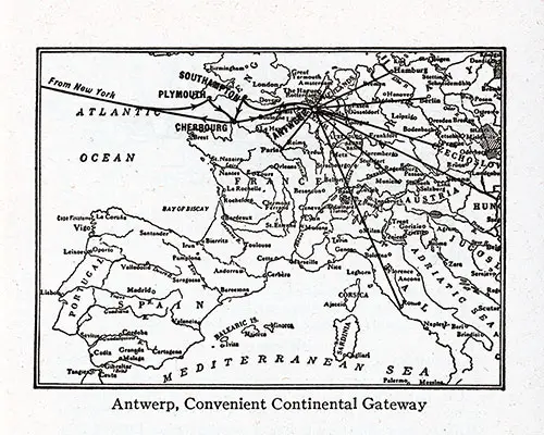 Map of the Port of Antwerp, a Convenient Continental Gateway. IMM Ocean Travel, 1924.