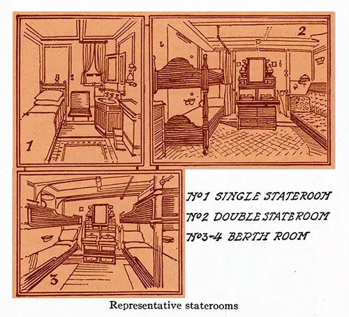 Representative Staterooms: Single Stateroom (Above Left); Double Stateroom (Above Right); and a 4-Berth Room (Bottom Left). IMM Ocean Travel, 1924.