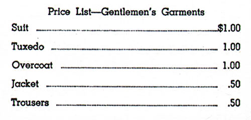 Valet Service Price List for Gentlemen's Garments, May 1936.