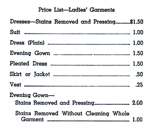 Valet Service Price List for Ladies' Garments, May 1936.