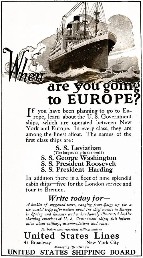 Advertisement (1923), United States Lines / United States Shipping Board.