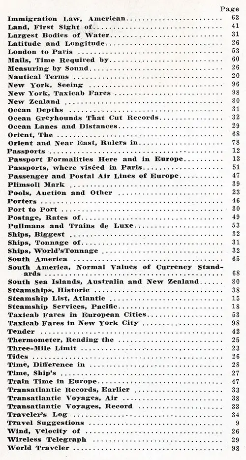 Index to Contents of Ocean Records, Fifth Edition, May 1923, Part 2 of 2 Covering Immigration Law (American) to World Traveler.