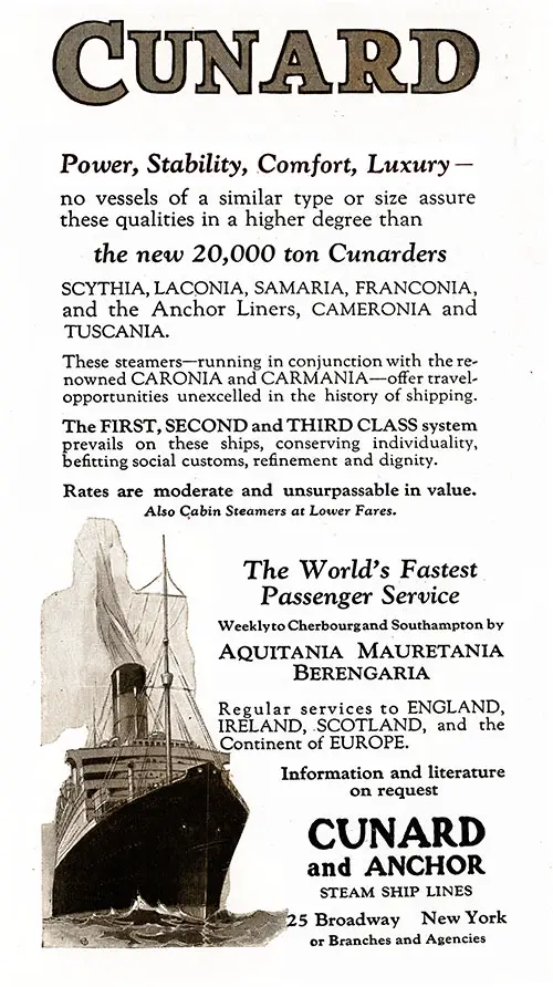Advertisement: Cunard Anchor Lines, Power, Stability, Comfort, Luxury in 1923.