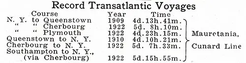 Record Transatlantic Voyages. Ocean Records, May 1923.