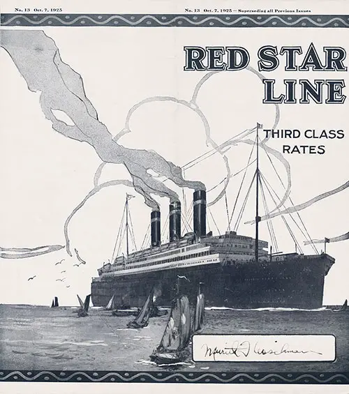Front Cover, Red Star Line Third Class Rates Brochure No. 13 Dated 7 October 1925.