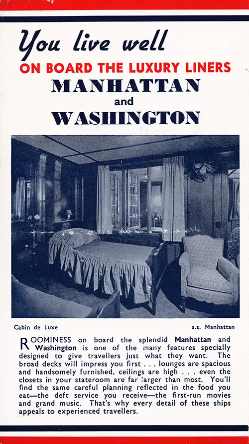 You Live Well on Board the Luxury Liners Manhattan and Washington Per this 1939 Travel in Luxury Brochure from the United States Lines 1939.