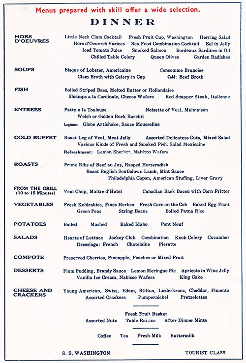 Sample Tourist Class Dinner Menu on the SS Washington.