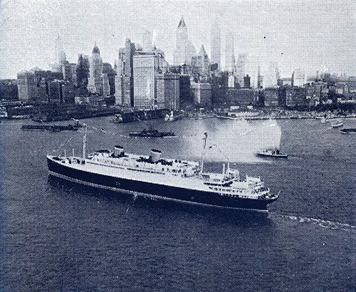 USL Ocean Liner Seen Against New York Skyline.