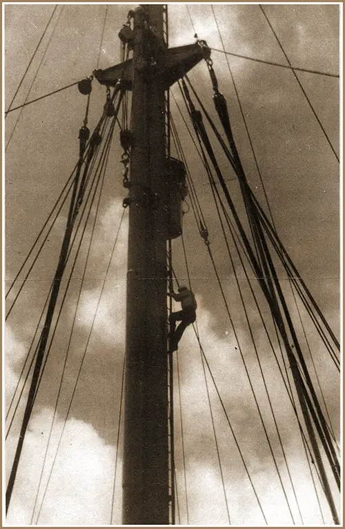 Relieving the Lookout in the Lofty "Crow's Nest."