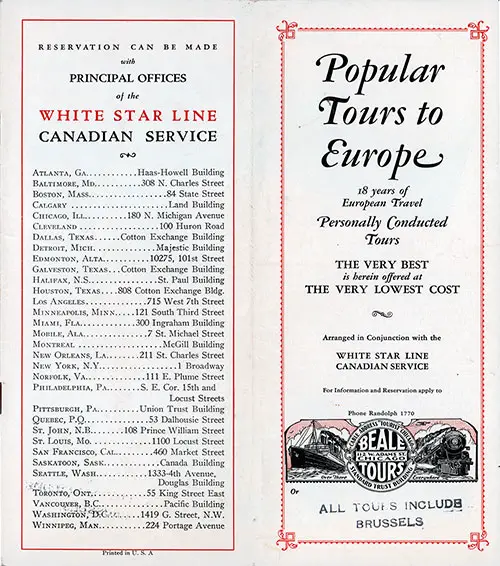 Cover of 1928 Brochure, Popular Tours to Europe Arranged in Conjunction with the White Star Line Canadian Service and Beale Tours, Chicago.