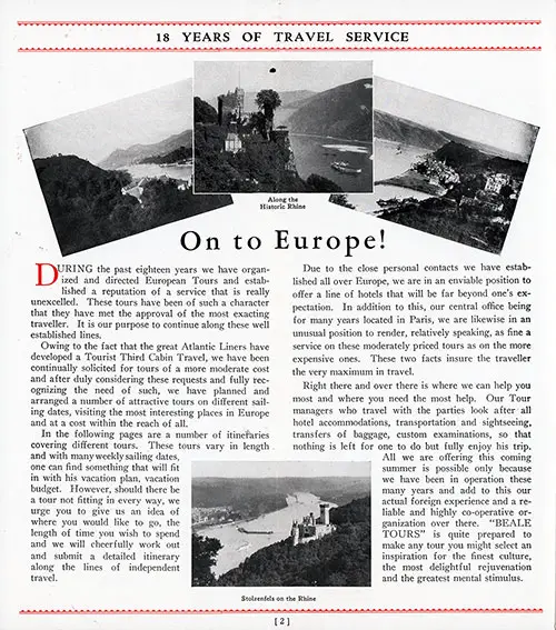 On to Europe, 1928. Popular Tours to Europe Brochure, WSL Canadian Service.