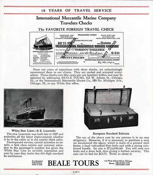 Promotional Material Includes International Mercantile Marine Company Travelers Checks, European Standard Suitcase, and Information and Photograph of the New White Star Liner Ss Laurentic in the Canadian Service.