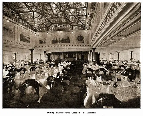 First Class Dining Saloon on the SS Adriatic. Steamers of the White Star Line, 1909.