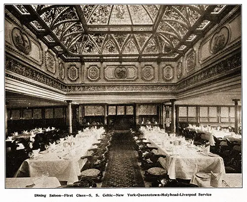 First Class Dining Saloon on the RMS Celtic, Serving New York-Queentown (Cobh)-Holyhead-Liverpool Service.