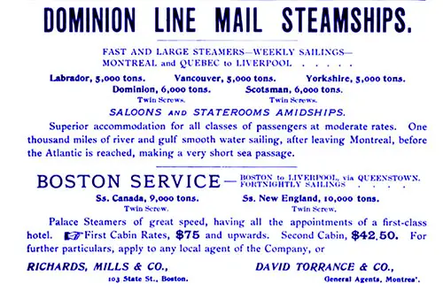 Advertisement: Dominion Line Mail Steamships, 1898.