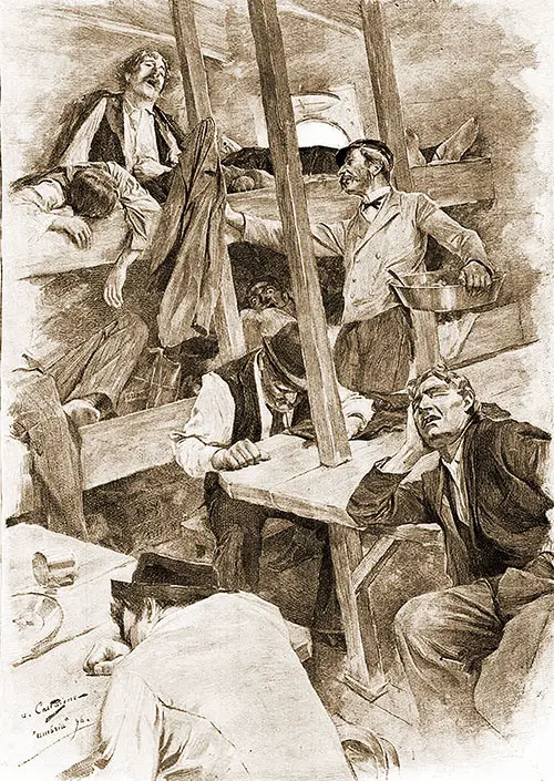 Steerage in Heavy Weather. Illustration by J. André Castaigne. Steerage Passengers on the Cunard SS Umbria, January 1897.