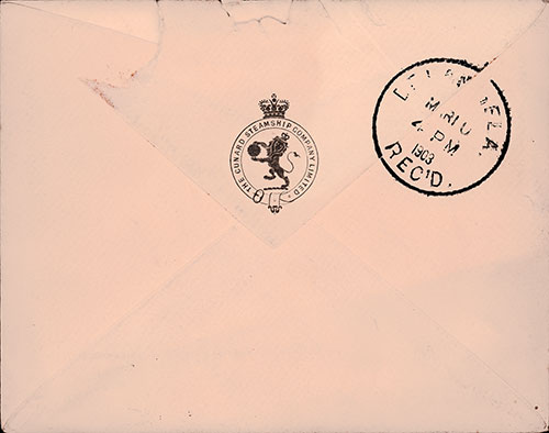 Back Side of Mailing Envelope - J. W. Bailey Correspondence, RMS Saxonia, 7 March 1903.