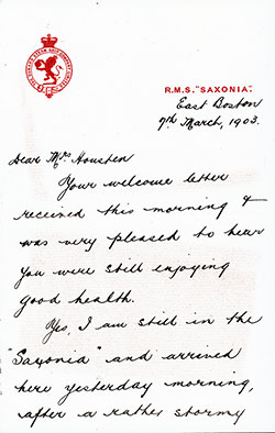 Image ID # 1d5aa83fd0 J. W. Bailey Correspondence, RMS Saxonia, 7 March 1907, Page 1 of 3.